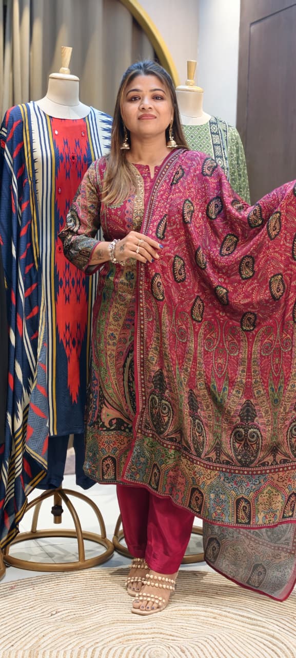 Designer Suit Set with Intricate Paisley & Mughal-Inspired Prints, Ornate Neck Panel Detailing  & Rich Printed Dupatta-14358 RB267