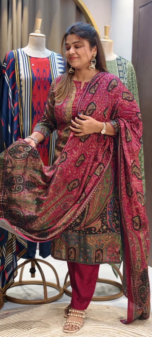 Designer Suit Set with Intricate Paisley & Mughal-Inspired Prints, Ornate Neck Panel Detailing  & Rich Printed Dupatta-14358 RB267