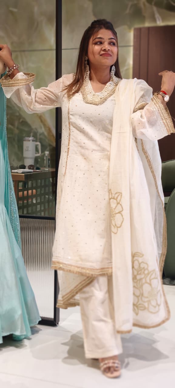 Ivory Golden Intricate Zari Embroidery Premium A-Line Full Suit Set with Separate Inner & Elegant Organza Dupatta- 14291 RB259
