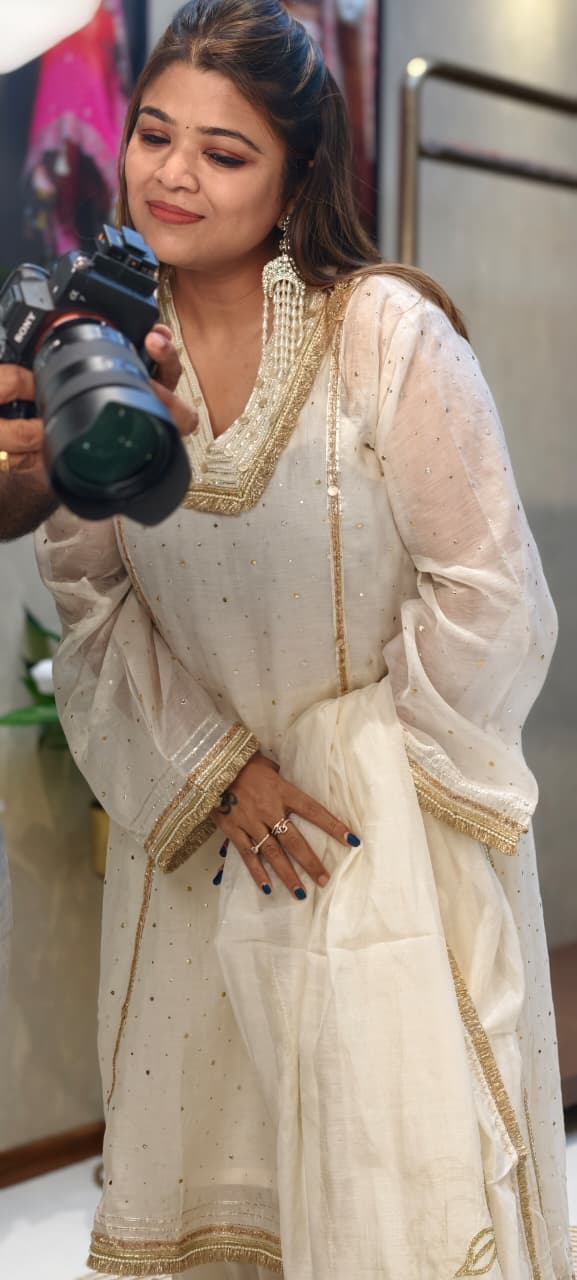 Ivory Golden Intricate Zari Embroidery Premium A-Line Full Suit Set with Separate Inner & Elegant Organza Dupatta- 14291 RB259
