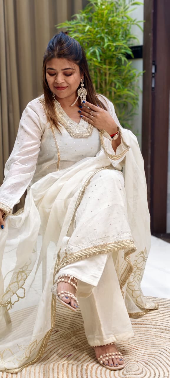 Ivory Golden Intricate Zari Embroidery Premium A-Line Full Suit Set with Separate Inner & Elegant Organza Dupatta- 14291 RB259