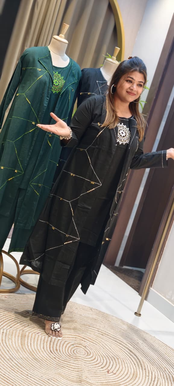 Handloom Cotton Layered Kurta Pant Set with Embroidered Inner, Handcra