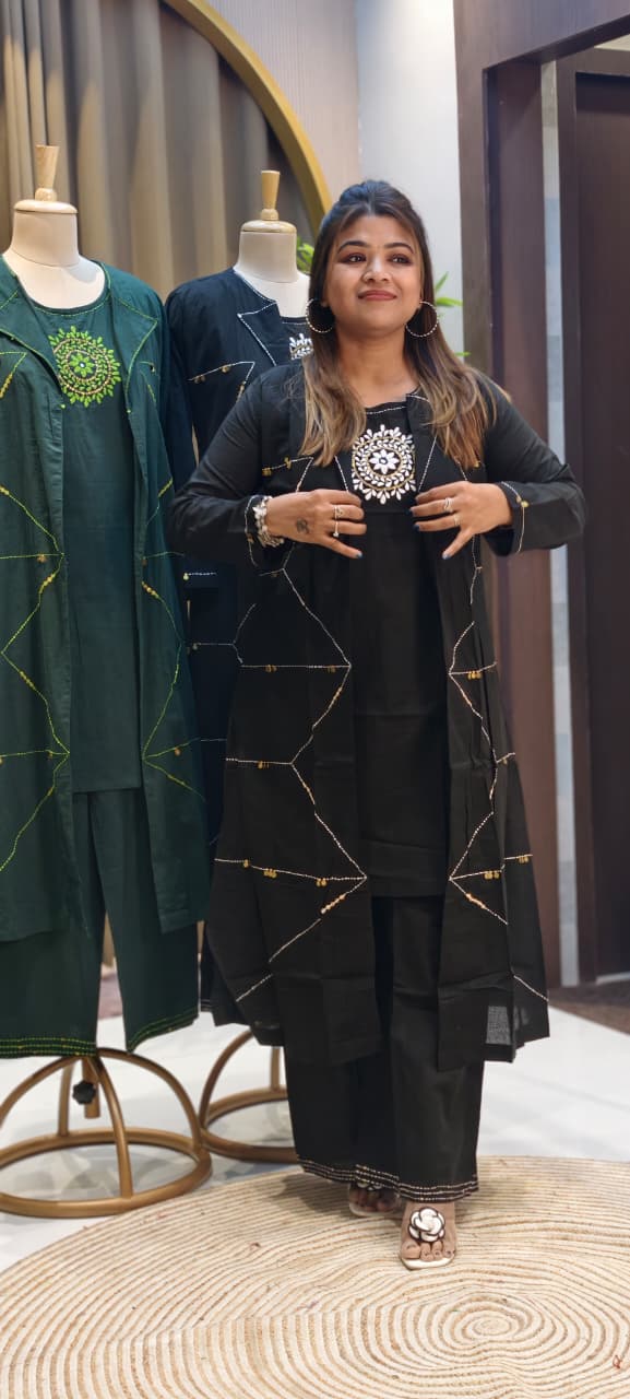 Handloom Cotton Layered Kurta Pant Set with Embroidered Inner, Handcrafted Stitch Detailing & Statement Overlay Detechable Jacket- 14409 RB256