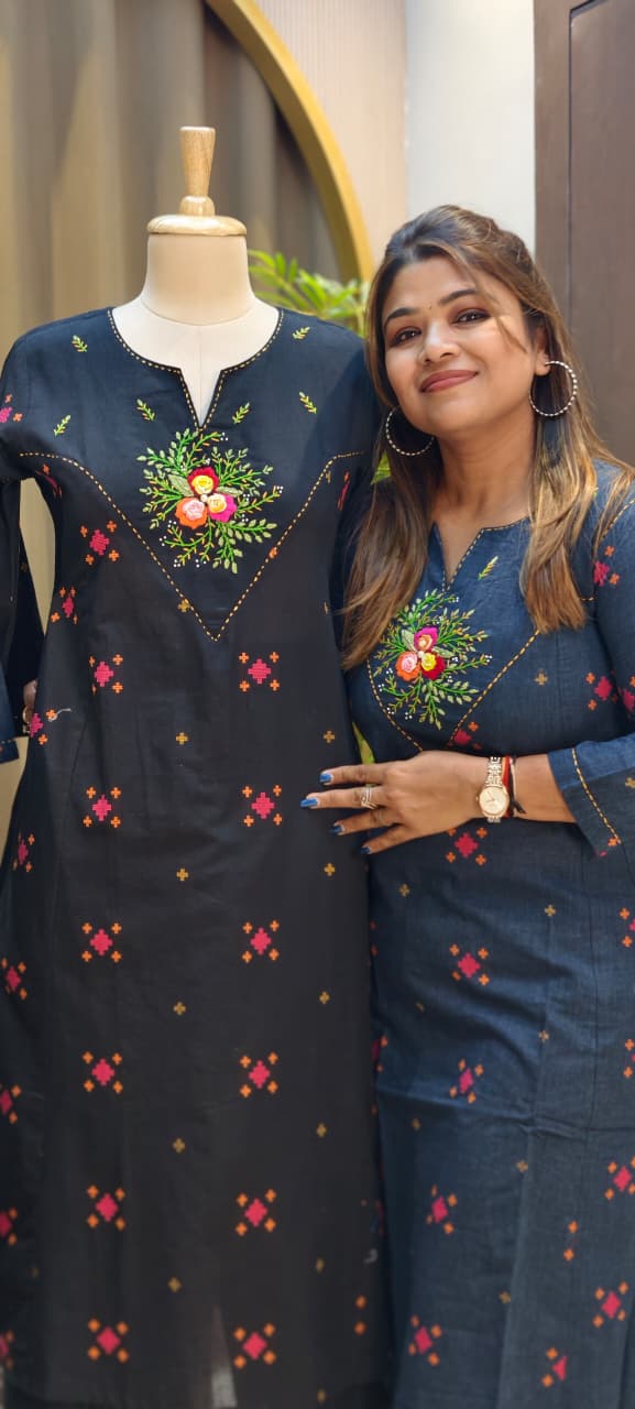Handloom Cotton Handcrafted Floral Yoke, Subtle Motif Detailing Kurta With Straight Fit Pant- 14410 RB257