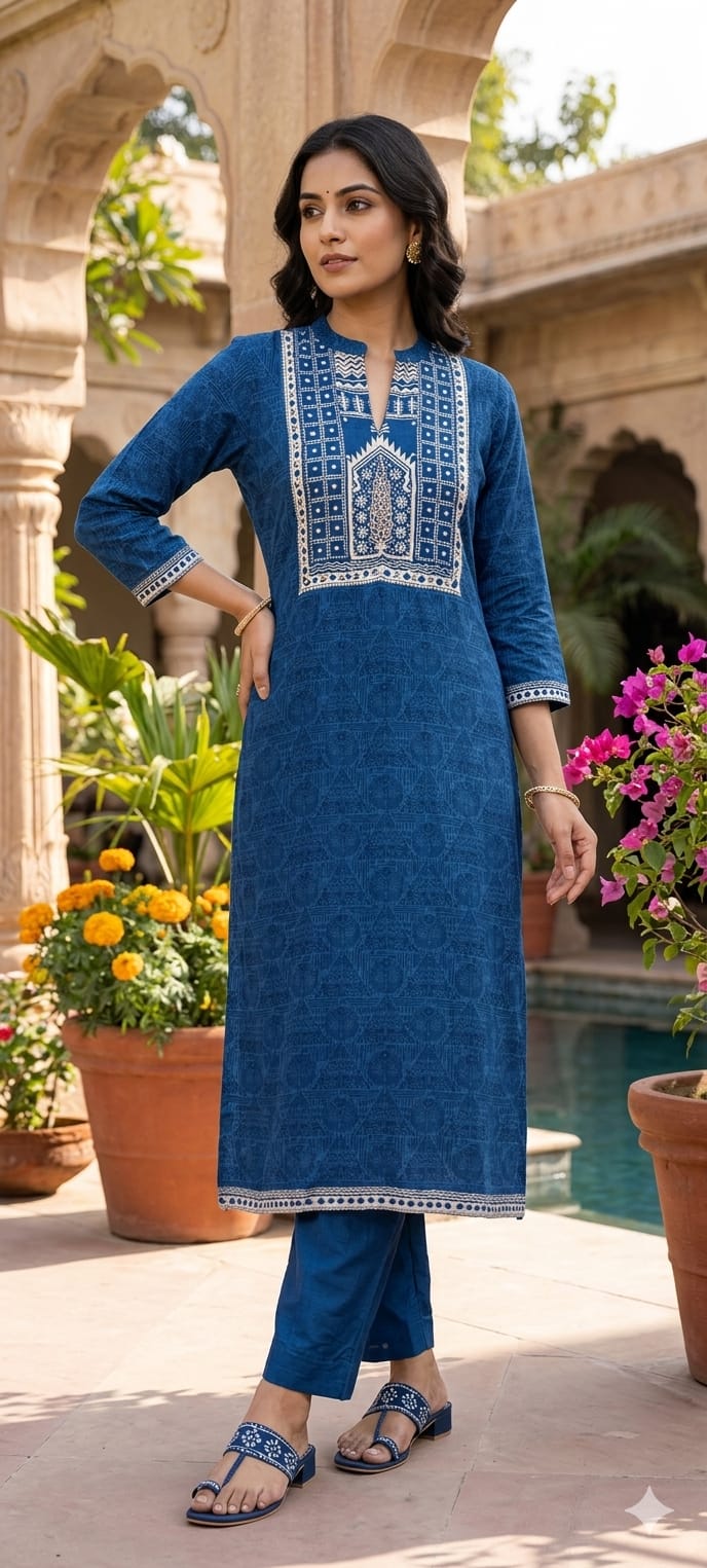 Minimal Printed Yoke Borders Outline Muslin Kurta Pant Set- 14257 RB318