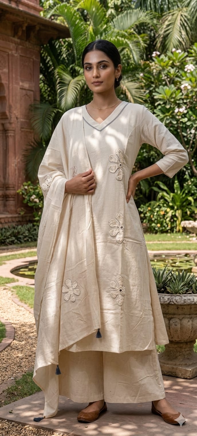 Half Phased Flower Patch Cotton A-Line Full Suit Set With Dupatta- 14415 RB326
