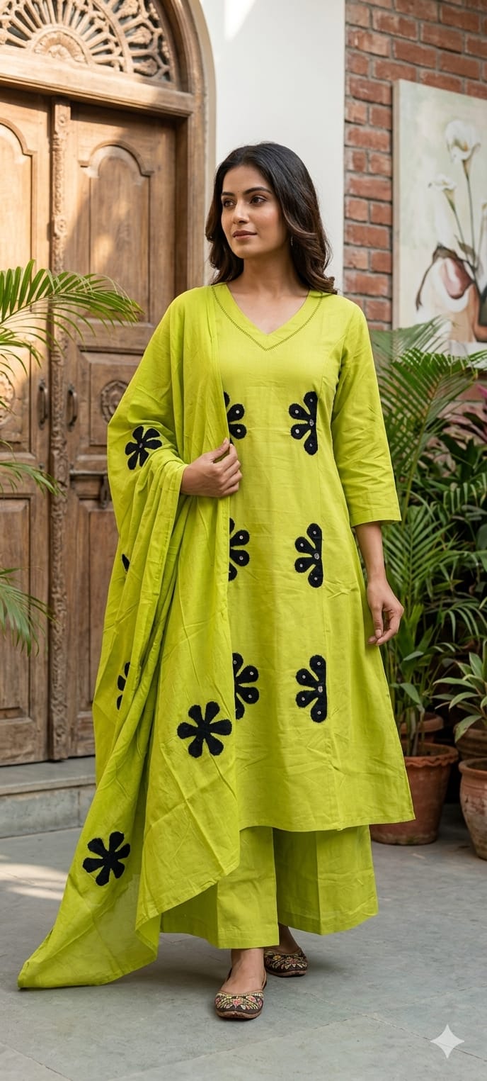 Half Phased Flower Patch Cotton A-Line Full Suit Set With Dupatta- 14415 RB326