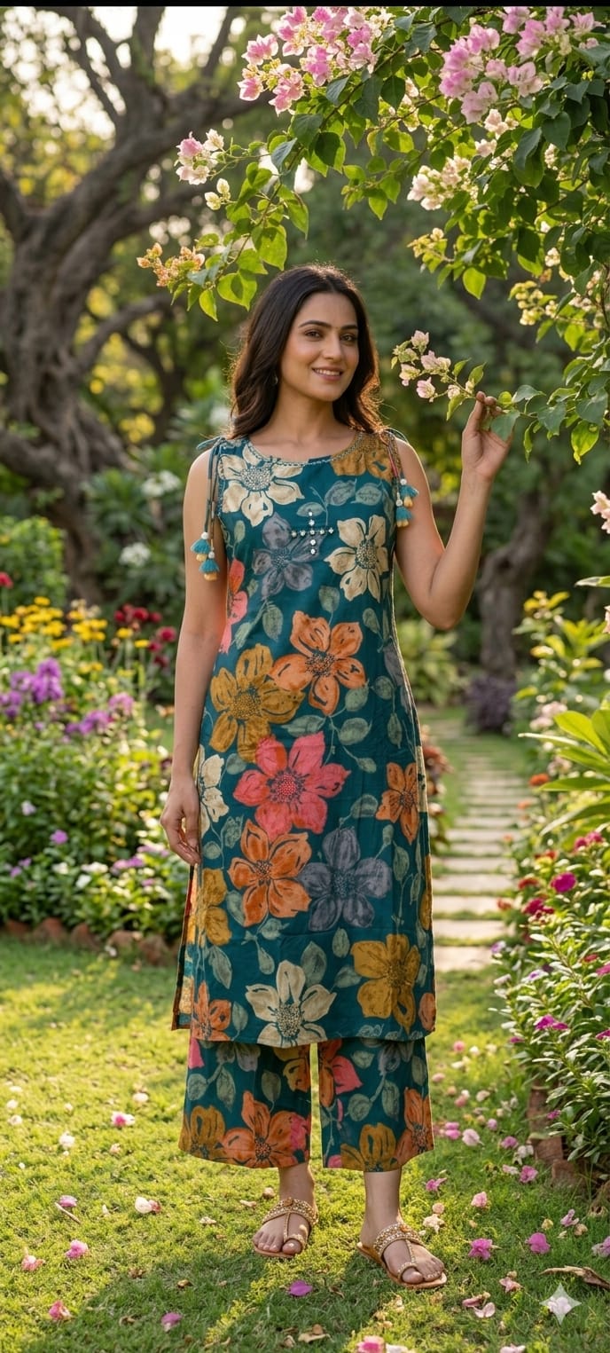 Hand-Block Paisley & Floral Burst Sleeveless Cotton Kurta Pant Set with Tassel Accents- 14503 RB287