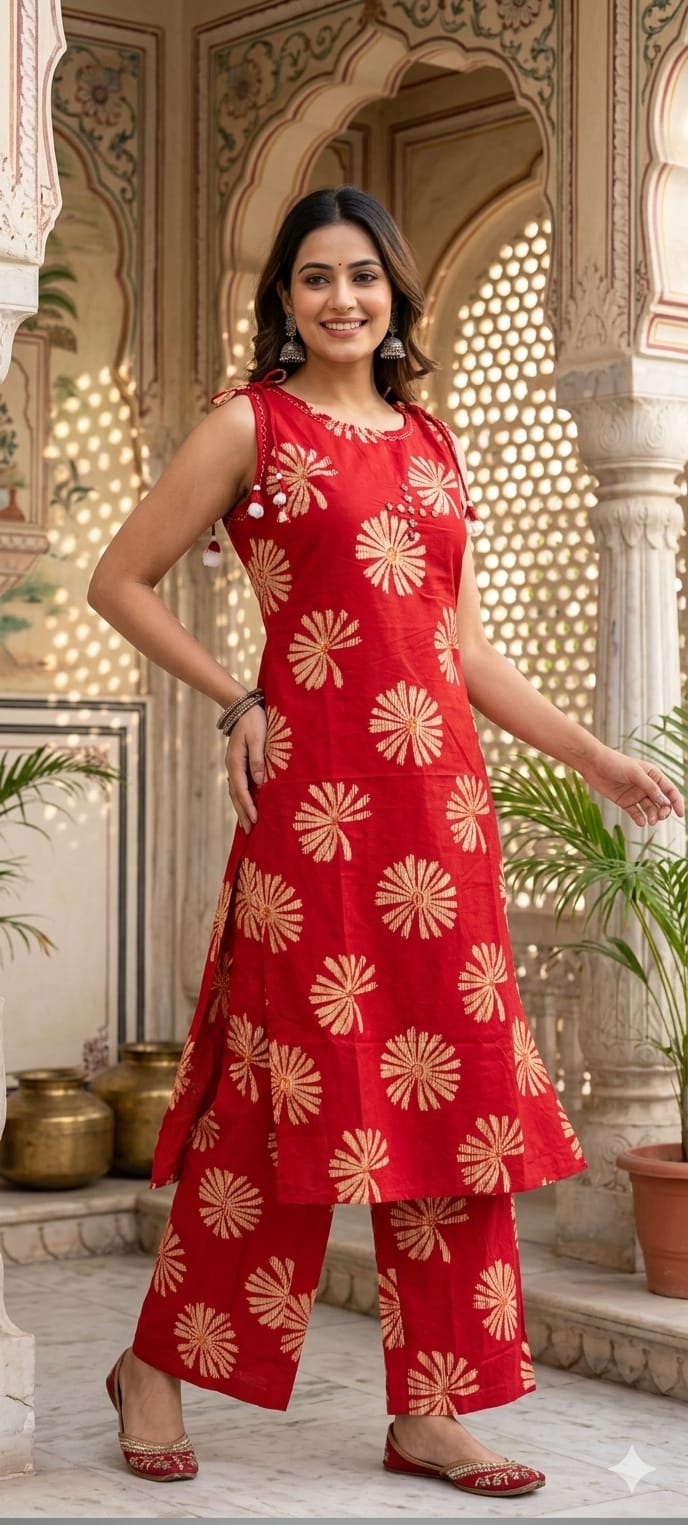 Hand-Block Paisley & Floral Burst Sleeveless Cotton Kurta Pant Set with Tassel Accents- 14503 RB287