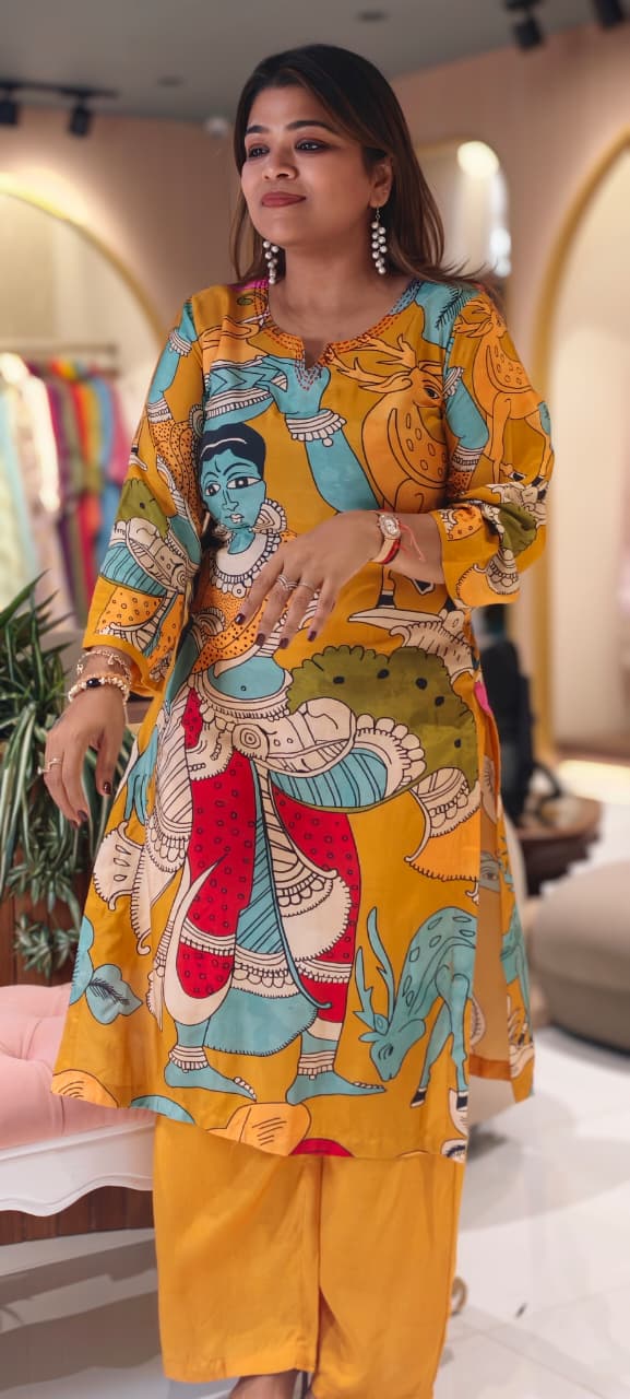 Folk-Art Kalamkari Muse Digital Printed Narrative Muslin Kurta Pant Set- 14437 RB288