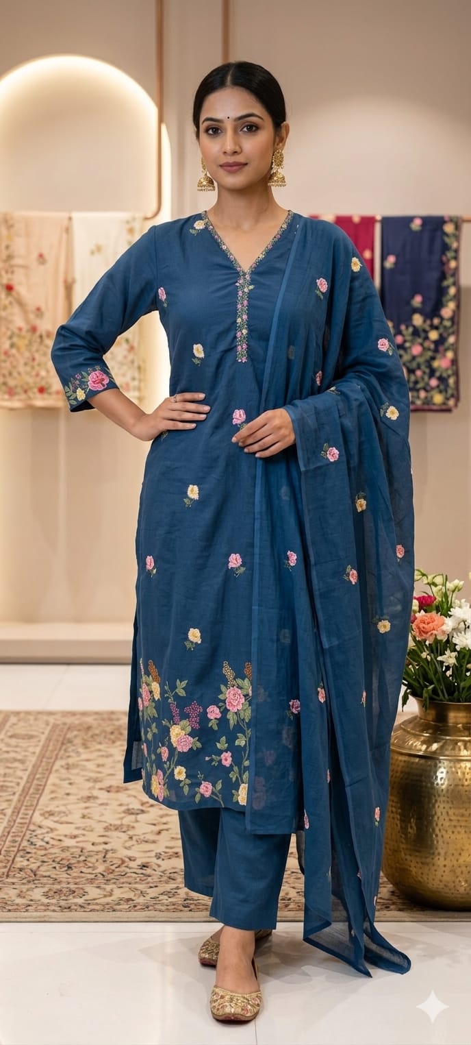 Placement Floral Fine Intricate Embroidery Solid Cotton Full Suit Set With Dupatta- 14470 RB293
