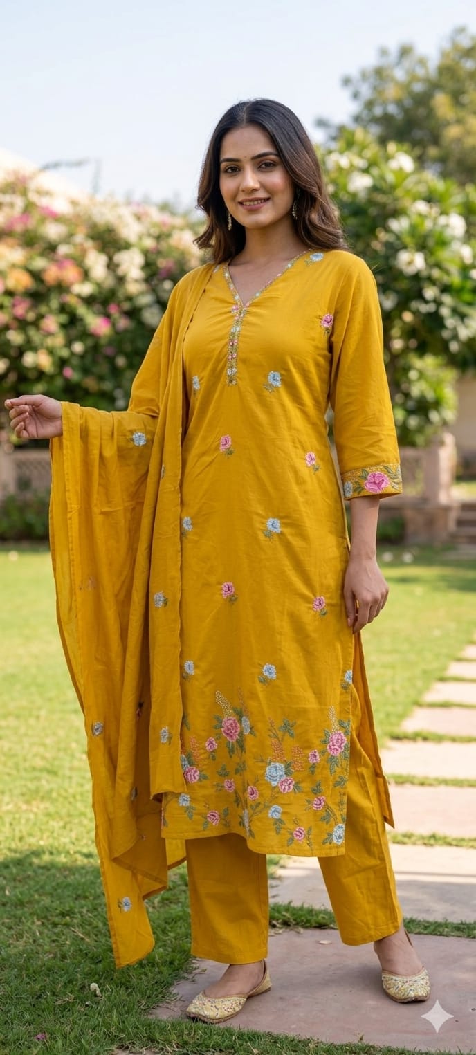 Placement Floral Fine Intricate Embroidery Solid Cotton Full Suit Set With Dupatta- 14470 RB293