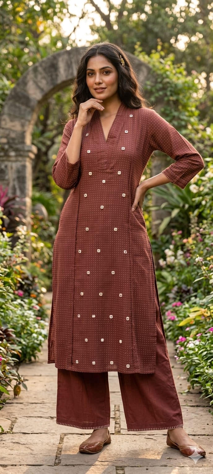 Tiny Polka Dots With Real Mirror Scattered Placement Work A-Line Cotton Kurta Pant Set- 14414  RB291