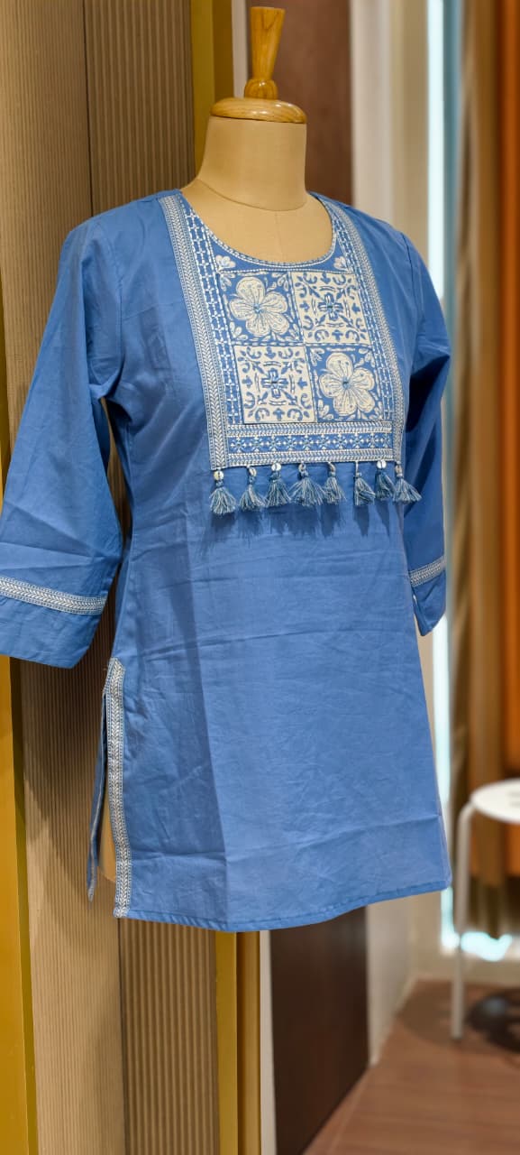 Solid Shade Tassel Accent Embroidered Yoke Cotton Short Kurti Only- 14510 RB302