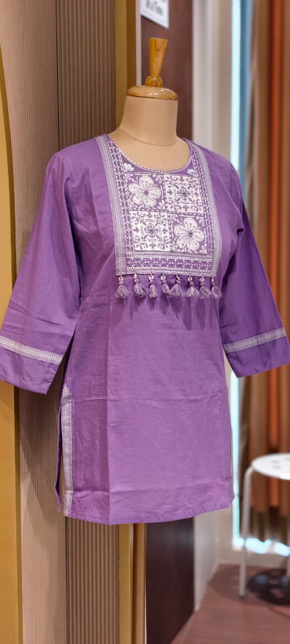 Solid Shade Tassel Accent Embroidered Yoke Cotton Short Kurti Only- 14510 RB302