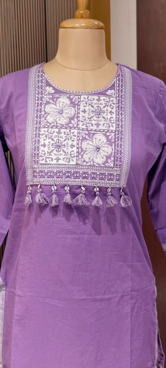 Solid Shade Tassel Accent Embroidered Yoke Cotton Short Kurti Only- 14510 RB302