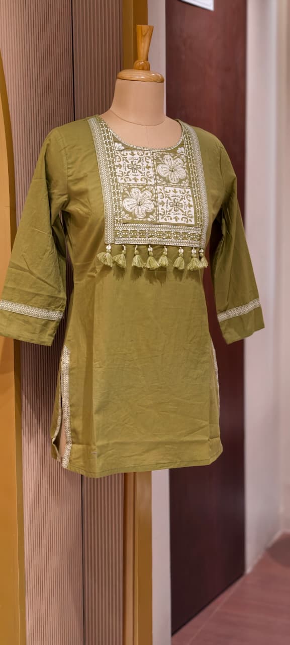 Solid Shade Tassel Accent Embroidered Yoke Cotton Short Kurti Only- 14510 RB302