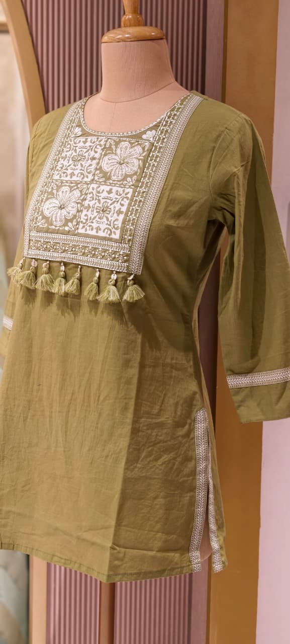 Solid Shade Tassel Accent Embroidered Yoke Cotton Short Kurti Only- 14510 RB302