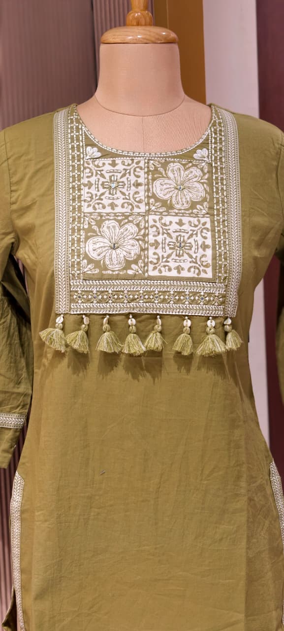 Solid Shade Tassel Accent Embroidered Yoke Cotton Short Kurti Only- 14510 RB302