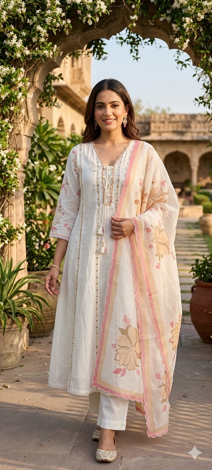 Nord Accent Real Mirror With Thread Upwork Surat Mul Chanderi Panel A-Line Full Suit Set With Dupatta- 14498 RB323