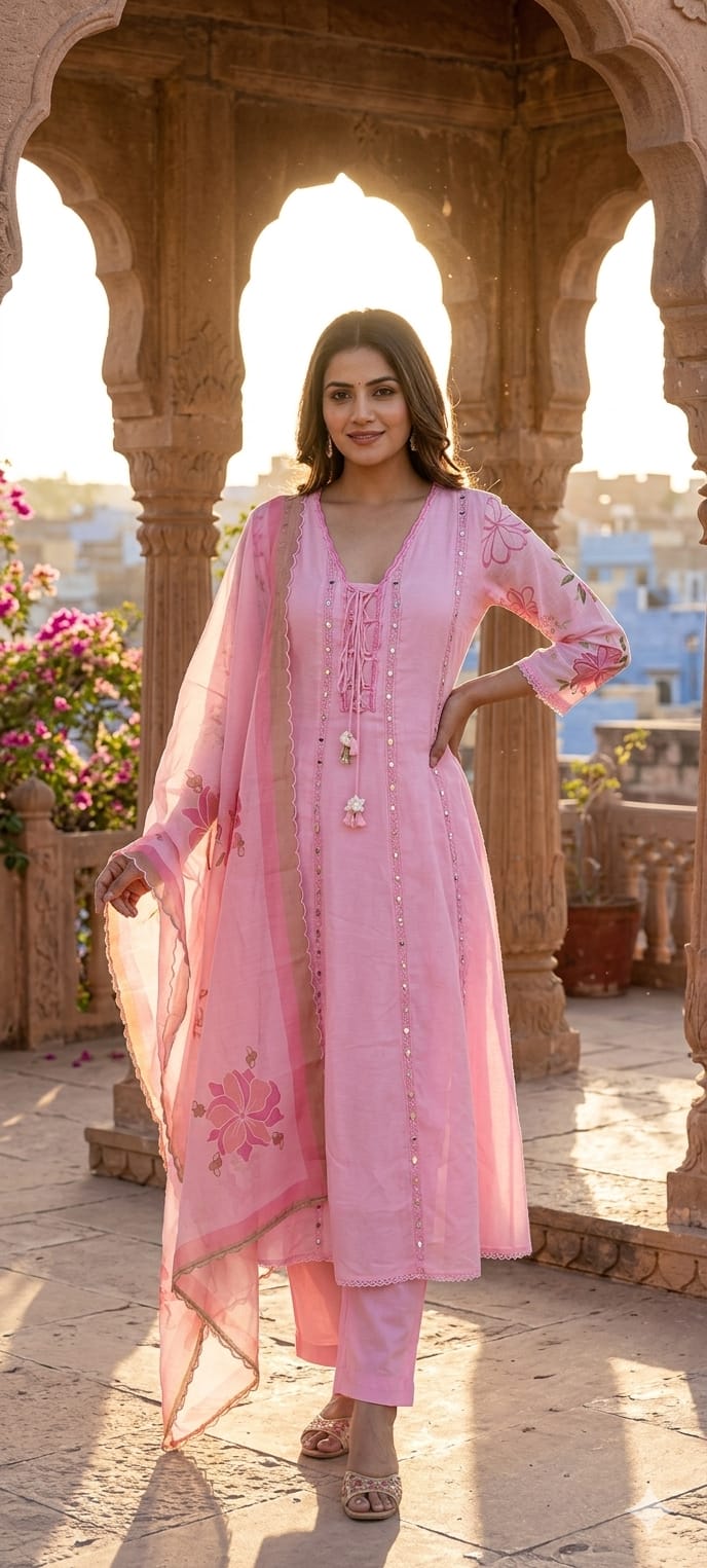Nord Accent Real Mirror With Thread Upwork Surat Mul Chanderi Panel A-Line Full Suit Set With Dupatta- 14498 RB323