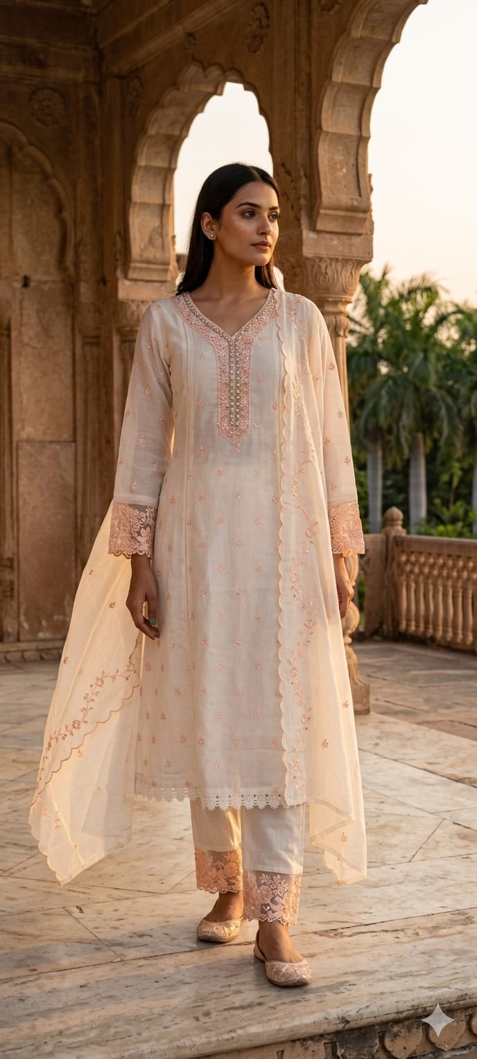 Sequin Floral Touch Neck Line Embroidered Detailing Surat Mul-Chanderi A-Line Full Suit Set With Dupatta- 14497 RB322