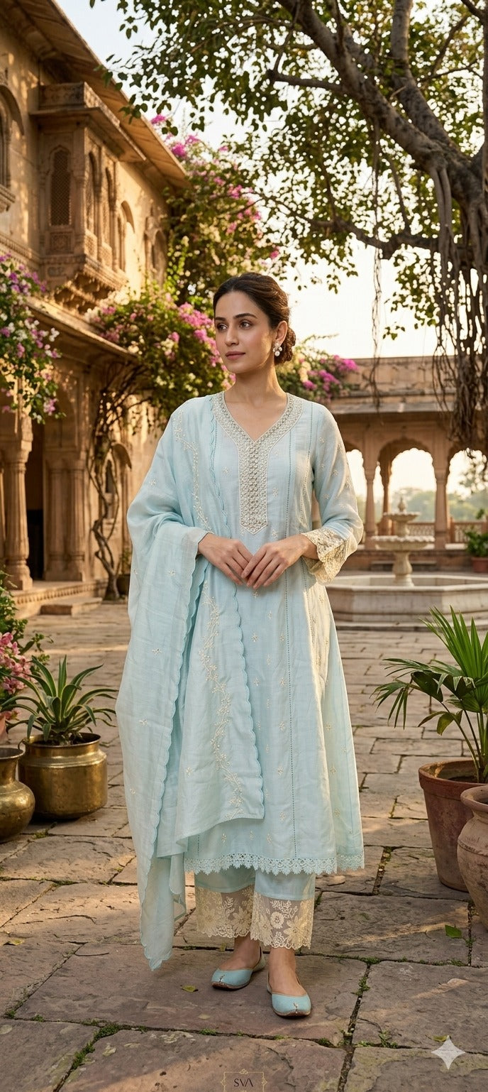 Sequin Floral Touch Neck Line Embroidered Detailing Surat Mul-Chanderi A-Line Full Suit Set With Dupatta- 14497 RB322