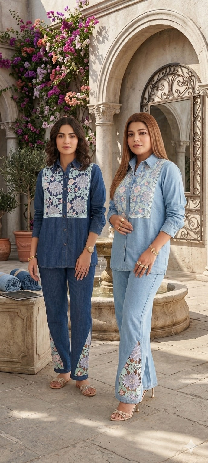 Boho-Chic Denim Co-ord Set with Pastel Floral Lace Appliqué- 14517 (LEAN FIT) RB312