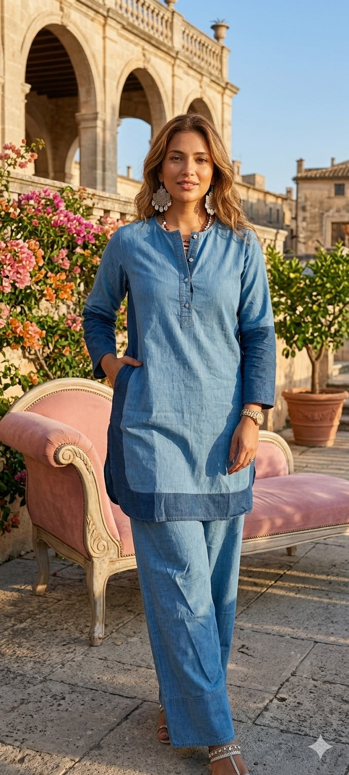 Modern Dual-Tone Denim Farsi Bottom Co-ord Set with Contemporary Buttoned Detailing- 14520 RB314