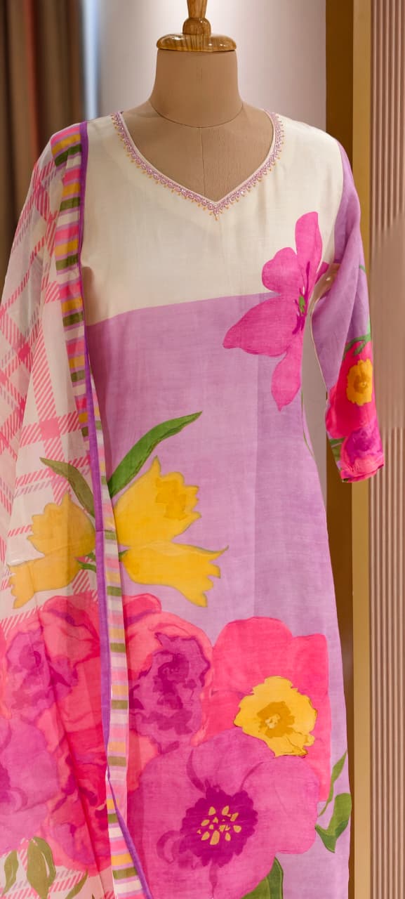 Digital Floral Printed Cut-Dana Neckline Multicolor Linen Full Suit Set With Mul Cotton Dupatta- 14213 RB325