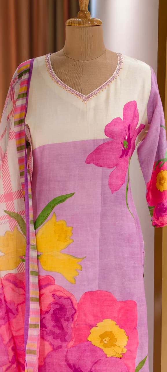 Digital Floral Printed Cut-Dana Neckline Multicolor Linen Full Suit Set With Mul Cotton Dupatta- 14213 RB325