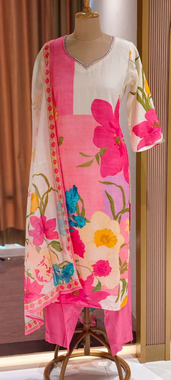 Digital Floral Printed Cut-Dana Neckline Multicolor Linen Full Suit Set With Mul Cotton Dupatta- 14213 RB325