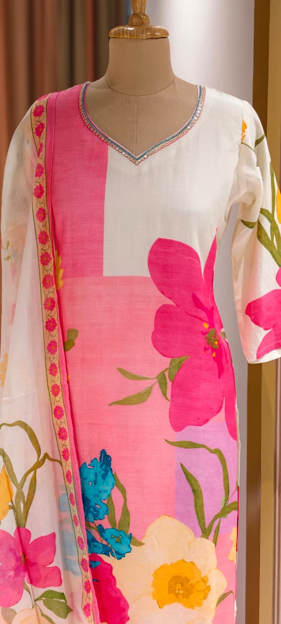 Digital Floral Printed Cut-Dana Neckline Multicolor Linen Full Suit Set With Mul Cotton Dupatta- 14213 RB325