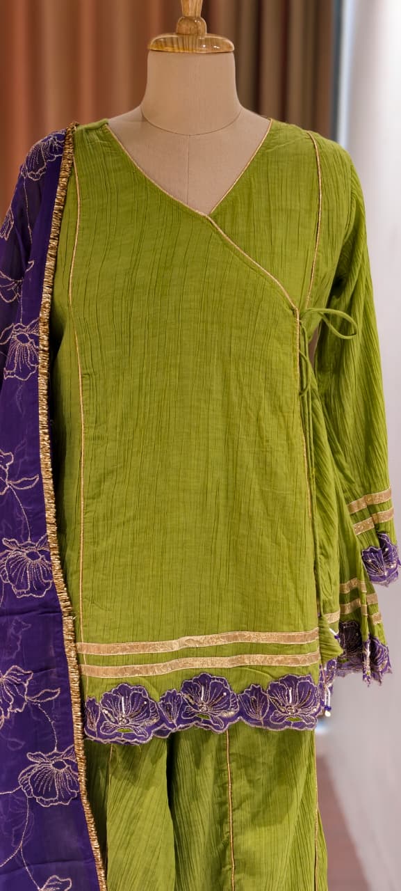 Angrakha Style Premium Olive Green Kurta Palazzo Set with Embroidered Hem & Contrast Purple Dupatta-14217 RB321