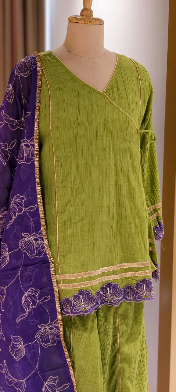 Angrakha Style Premium Olive Green Kurta Palazzo Set with Embroidered Hem & Contrast Purple Dupatta-14217 RB321