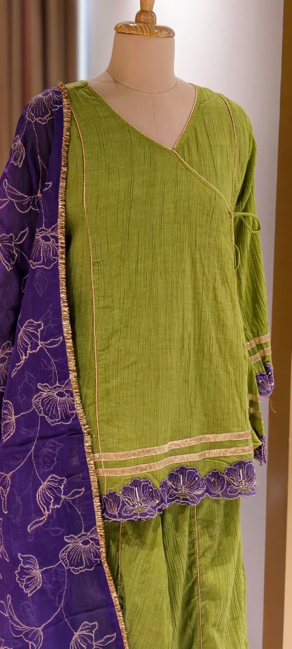 Angrakha Style Premium Olive Green Kurta Palazzo Set with Embroidered Hem & Contrast Purple Dupatta-14217 RB321