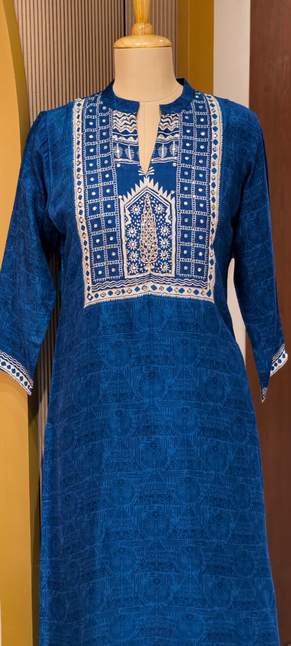 Minimal Printed Yoke Borders Outline Muslin Kurta Pant Set- 14257 RB318