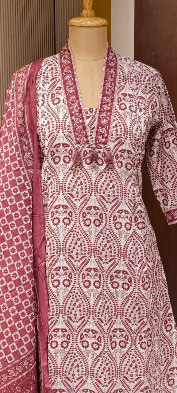 Upside Down Handblock Print V-Neck Tassel Accent A-Line Cotton Full Suit Set With Dupatta- 14301 RB324