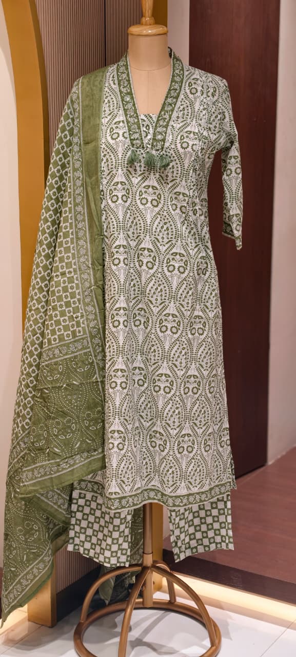 Upside Down Handblock Print V-Neck Tassel Accent A-Line Cotton Full Suit Set With Dupatta- 14301 RB324