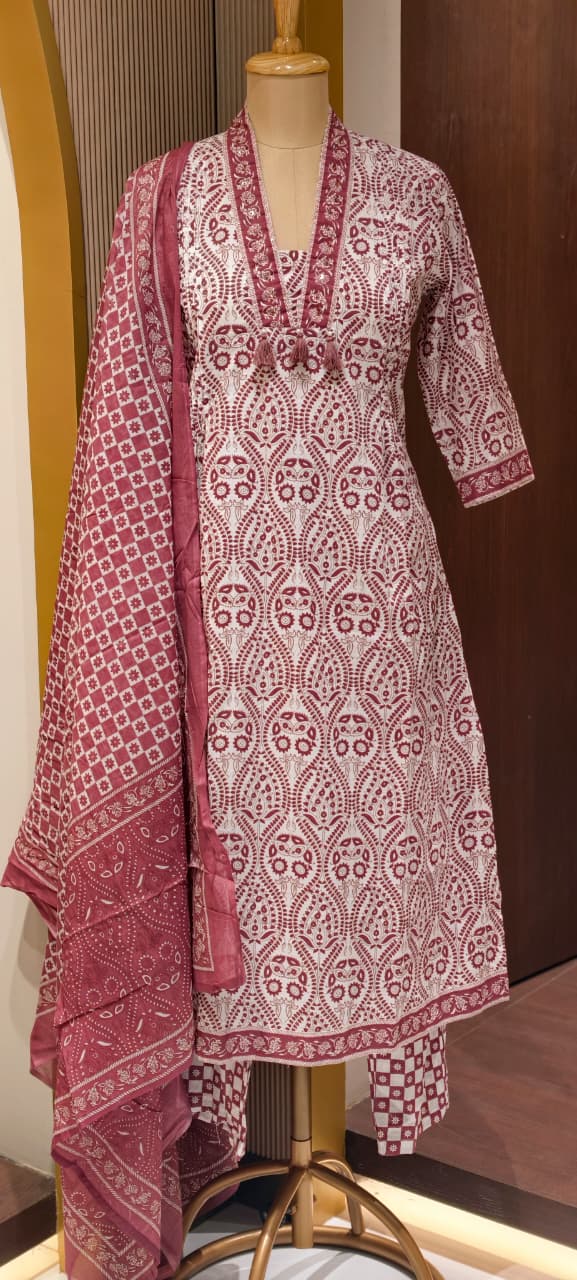 Upside Down Handblock Print V-Neck Tassel Accent A-Line Cotton Full Suit Set With Dupatta- 14301 RB324