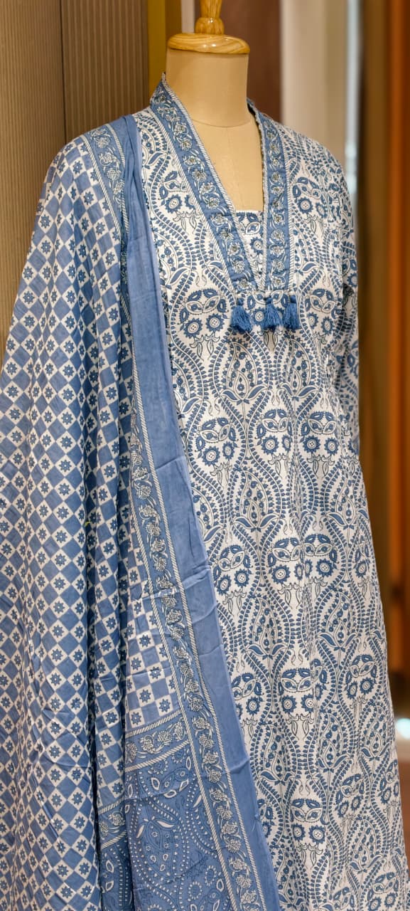 Upside Down Handblock Print V-Neck Tassel Accent A-Line Cotton Full Suit Set With Dupatta- 14301 RB324