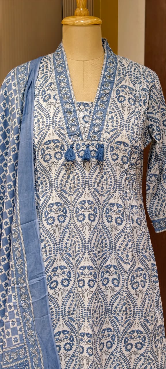Upside Down Handblock Print V-Neck Tassel Accent A-Line Cotton Full Suit Set With Dupatta- 14301 RB324