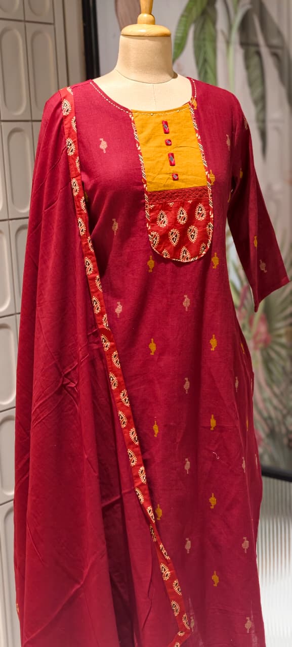 Ethnic Abstract Print U-Yoke Multicolor Cotton Full Suit Set With Printed Dupatta(Lean Fit)- 14355 RB327