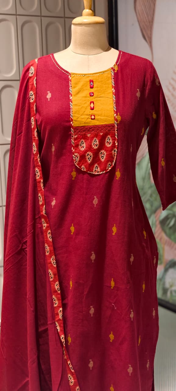 Ethnic Abstract Print U-Yoke Multicolor Cotton Full Suit Set With Printed Dupatta(Lean Fit)- 14355 RB327