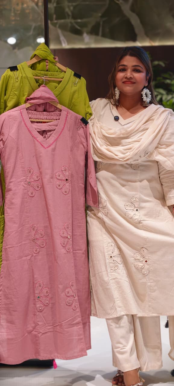 Half Phased Flower Patch Cotton A-Line Full Suit Set With Dupatta- 14415 RB326