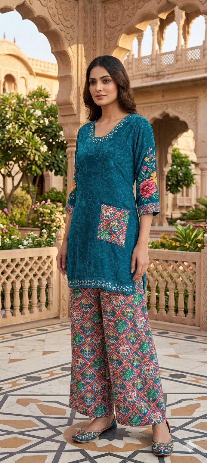 Rajasthani-Inspired Patchwork High-Contrast Printed Crepe Co-Ord Set (SLIGHTLY LEAN FIT)- 14542,44 RB342