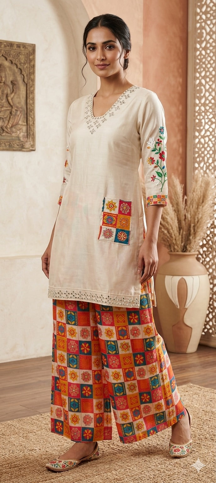Rajasthani-Inspired Patchwork High-Contrast Printed Crepe Co-Ord Set (SLIGHTLY LEAN FIT)- 14542,44 RB342