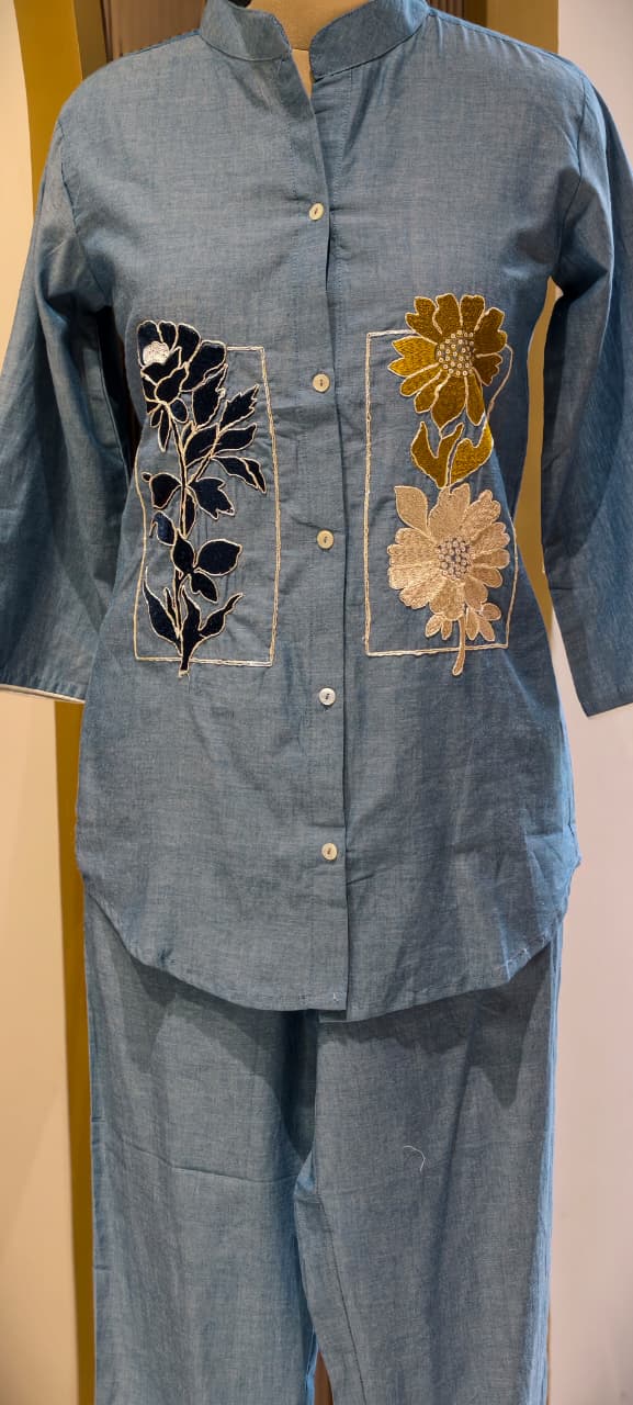 Premium Casual Chic Ethnic Floral Embroidery Cotton Denim Co-Ord Set- 14550 RB346