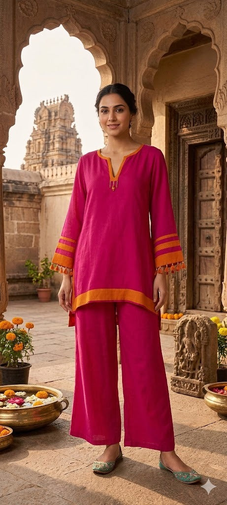 Solid Minimal Tassel Accent Border Highlights Matching Co-Ord Set In Cotton Fabric- 14532 RB347