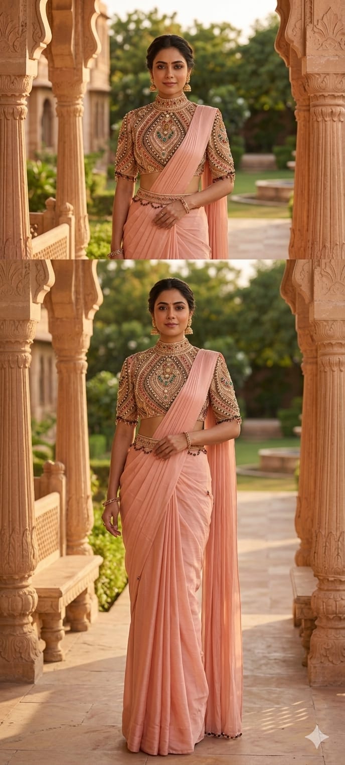 Elegant Pre-Draped Partywear Luxury Hand-Embroidered Designer Saree with Heavy Stone & Zardosi Work Blouse- 14525 RB349
